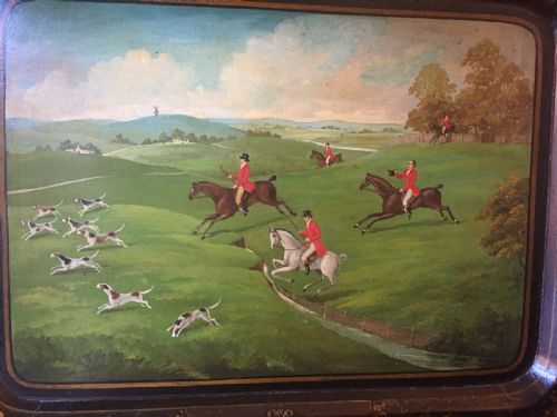 FINE AND RARE EARLY C19TH PAPIERMCH TRAY PAINTED WITH A LANDSCAPE HUNTING SCENE BY JENNENS BETTRIDGE - ADDITIONAL PHOTO 11