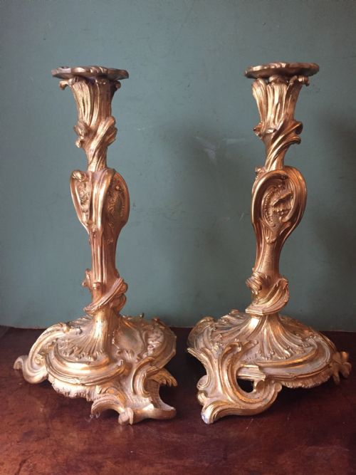 Pair of Mid C19th French Ormolu Bronze Candlesticks of Louis Xvi Rococo Design.