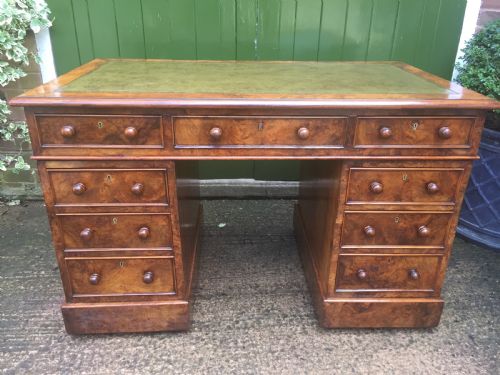 fig 2. Exceptional quality mid-C19th Victorian burr-walnut pedestal desk of practical proportions.