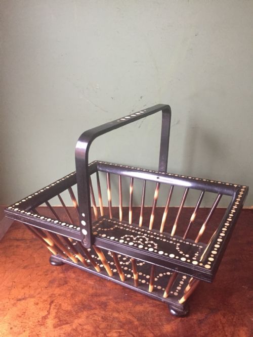 Late C19th Ceylonese Porcupine Quill , Ebony and Bone-inlaid Basket. 
