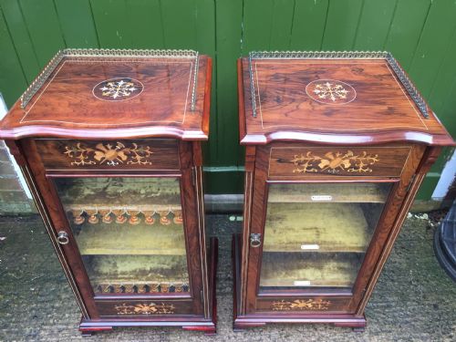 fig 2. Matching pair of high-quality Edwardian period inlaid figured rosewood music cabinets.