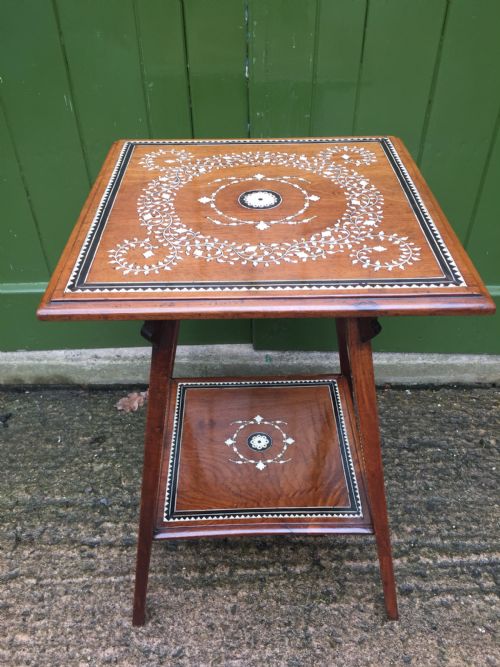 Late C19th Anglo-indian Two-tier Teak Lamp Table with Ivory and Ebony Design Inlay.