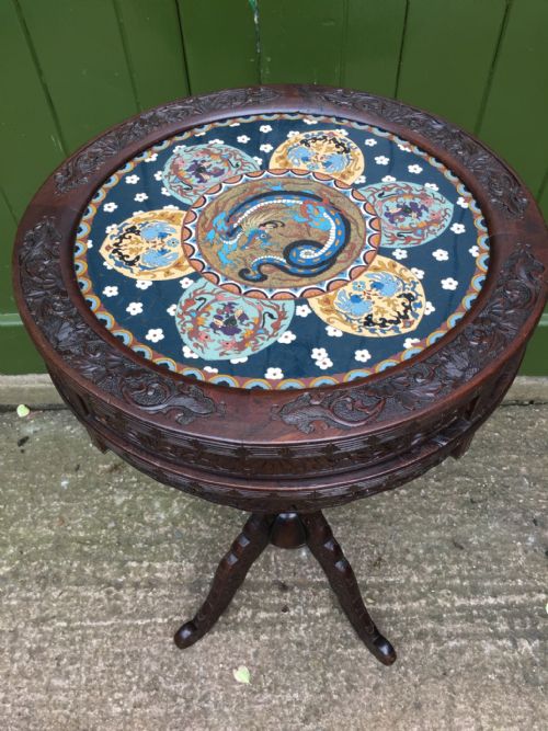LATE C19TH JAPANESE CARVED CENTRE OR 'DRUM' TYPE TABLE WITH INSET CLOISONN ENAMEL PANEL TOP - ADDITIONAL PHOTO 2