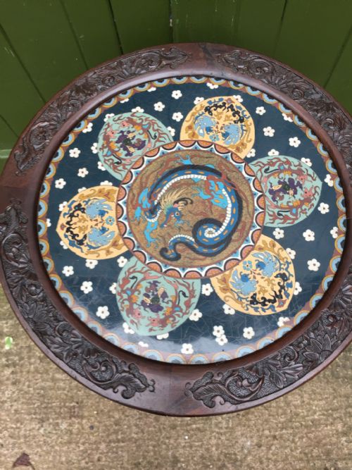 LATE C19TH JAPANESE CARVED CENTRE OR 'DRUM' TYPE TABLE WITH INSET CLOISONN ENAMEL PANEL TOP - ADDITIONAL PHOTO 3