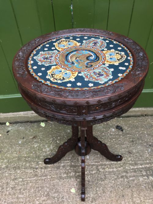 LATE C19TH JAPANESE CARVED CENTRE OR 'DRUM' TYPE TABLE WITH INSET CLOISONN ENAMEL PANEL TOP - ADDITIONAL PHOTO 13