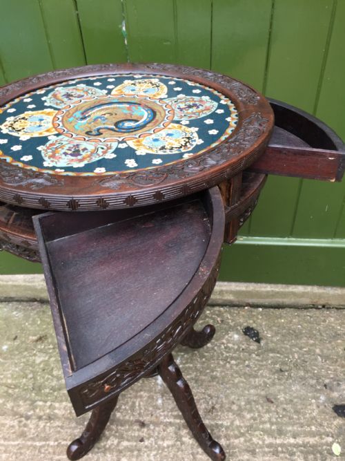 LATE C19TH JAPANESE CARVED CENTRE OR 'DRUM' TYPE TABLE WITH INSET CLOISONN ENAMEL PANEL TOP - ADDITIONAL PHOTO 14