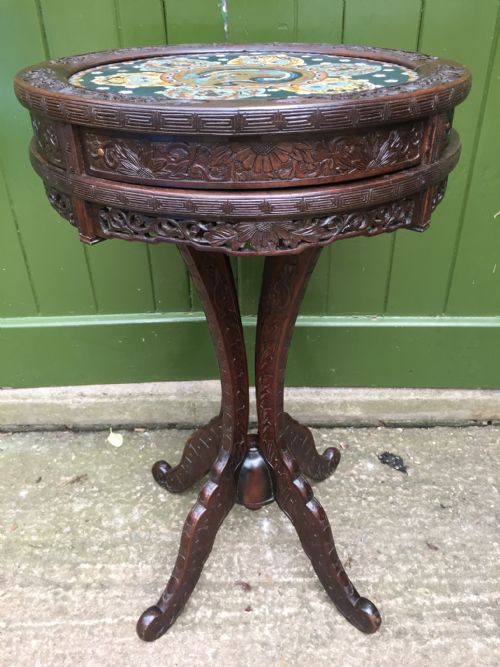 LATE C19TH JAPANESE CARVED CENTRE OR 'DRUM' TYPE TABLE WITH INSET CLOISONN ENAMEL PANEL TOP - ADDITIONAL PHOTO 15
