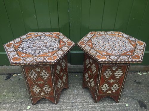 fig 1. Pair of late C19th Syrian inlaid octagonal tables with rising tops .