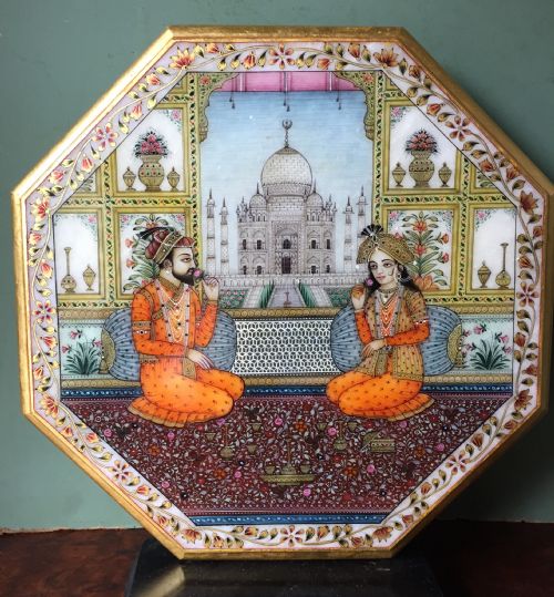 Finely Painted Early C20th Indian Octagonal Marble Panel Depicting Shah Jahan and Mumtaz Mahal , Posed on a Carpet Before the Taj Mahal in Agra.