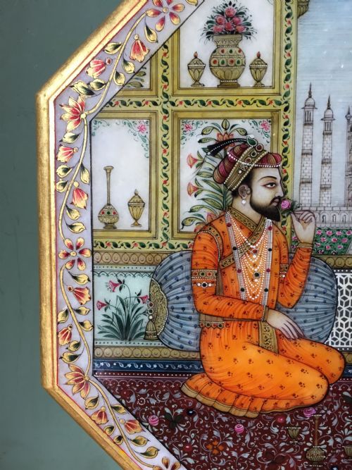 fig 2. Finely painted early C20th Indian octagonal marble panel depicting Shah Jahan and Mumtaz Mahal , posed on a carpet before the Taj Mahal in Agra.