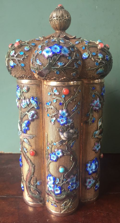 Fine Quality Early C20th Chinese Silver-gilt and Enamel Decorated Caddy or Casket. 
