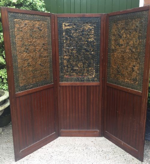fig 2. Late C19th mahogany and tooled leather 3-fold room-divider or screen .