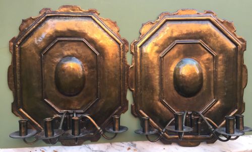 Pair of Late C19th / Early C20th Brass 4-Branch Candle Wall-lights in the the Late C17th Style.
