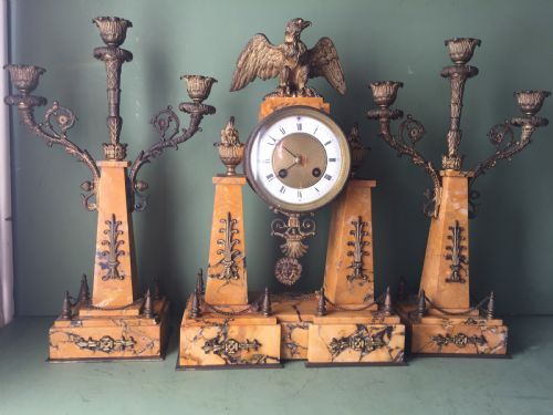 LATE C19TH FRENCH NAPOLEON III PERIOD EMPIRE STYLE SIENA MARBLE AND ORMOLU CLOCK GARNITURE - ADDITIONAL PHOTO 2