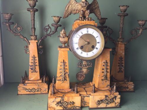 LATE C19TH FRENCH NAPOLEON III PERIOD EMPIRE STYLE SIENA MARBLE AND ORMOLU CLOCK GARNITURE - ADDITIONAL PHOTO 12