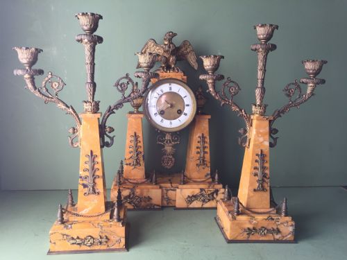 LATE C19TH FRENCH NAPOLEON III PERIOD EMPIRE STYLE SIENA MARBLE AND ORMOLU CLOCK GARNITURE - ADDITIONAL PHOTO 20
