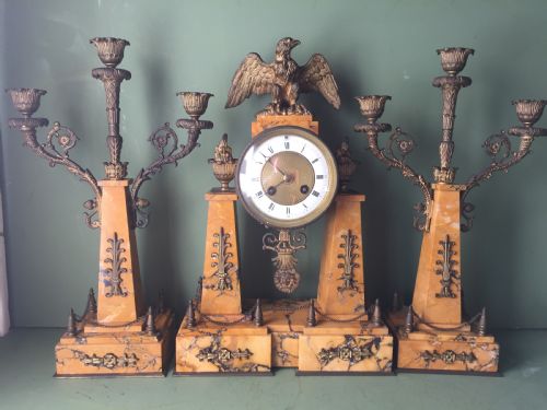 LATE C19TH FRENCH NAPOLEON III PERIOD EMPIRE STYLE SIENA MARBLE AND ORMOLU CLOCK GARNITURE - ADDITIONAL PHOTO 21