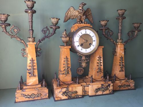LATE C19TH FRENCH NAPOLEON III PERIOD EMPIRE STYLE SIENA MARBLE AND ORMOLU CLOCK GARNITURE - ADDITIONAL PHOTO 28