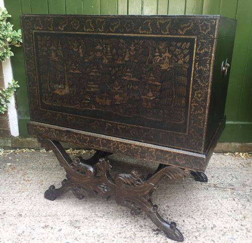 fig 1. Rare and decorative mid C19th Indian painted and lacquered trunk on carved stand from Bareilly.