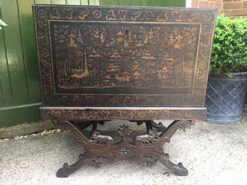 fig 3. Rare and decorative mid C19th Indian painted and lacquered trunk on carved stand from Bareilly.
