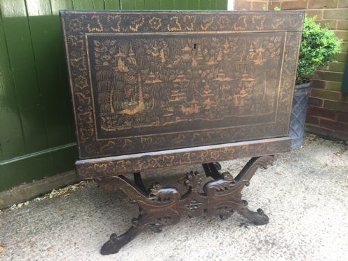fig 4. Rare and decorative mid C19th Indian painted and lacquered trunk on carved stand from Bareilly.