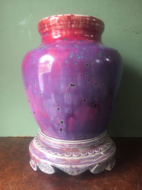Rare and Unique Early C20th Ruskin Stone-ware Pottery Flambé Glazed High-fired Vase and Stand .