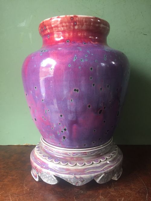 fig 1. Rare and unique early C20th Ruskin stone-ware pottery flambé glazed high-fired vase and stand .