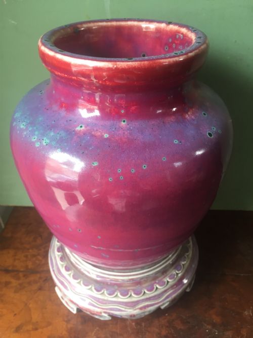 fig 2. Rare and unique early C20th Ruskin stone-ware pottery flambé glazed high-fired vase and stand .