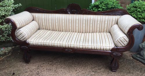 Early C19th Regency Period Mahogany Scroll-end Double-ended Sofa of Classically Inspired Design.