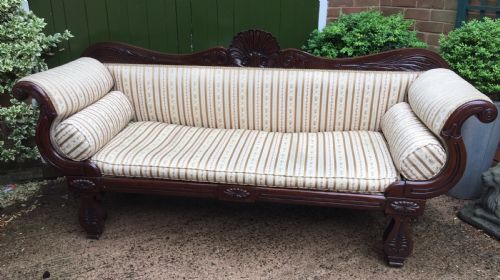 fig 2. Early C19th Regency period mahogany scroll-end double-ended sofa of classically inspired design.