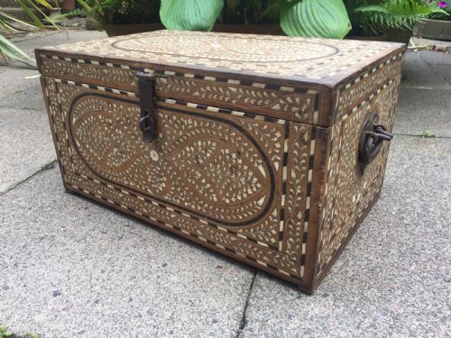 fig 1. Mid C19th Indian Hoshiarpur ebony and bone-inlaid chest or trunk .