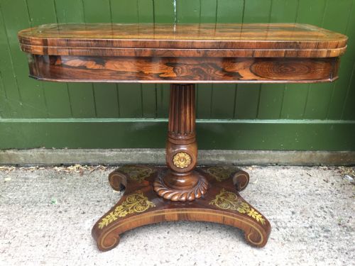fig 1. Exceptional early C19th George IV period brass-inlaid and gilt-brass mounted finely-figured rosewood fold-over card or games table.
