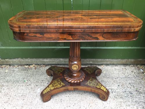 fig 2. Exceptional early C19th George IV period brass-inlaid and gilt-brass mounted finely-figured rosewood fold-over card or games table.