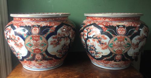 Decorative Pair of Late C19th Japanese Imari Pattern Porcelain Jardinieres.