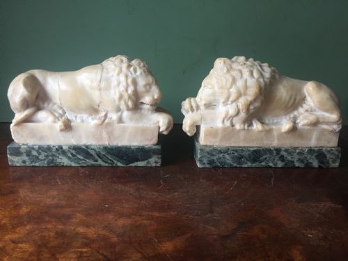 Pair of C19th Italian Carved Alabaster 'Grand Tour' Souvenir Lions After Antonio Canova .