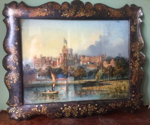 Mid C19th Victorian Period Reverse-glass Painted and Pearl Patent Painting by Thomas Lane of Windsor Castle.