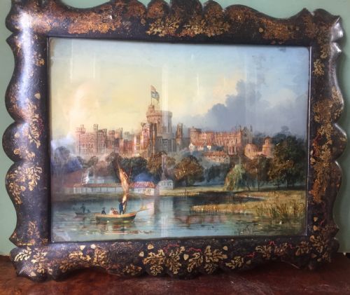 fig 1. Mid C19th Victorian period reverse-glass painted and pearl patent painting by Thomas Lane of Windsor Castle.