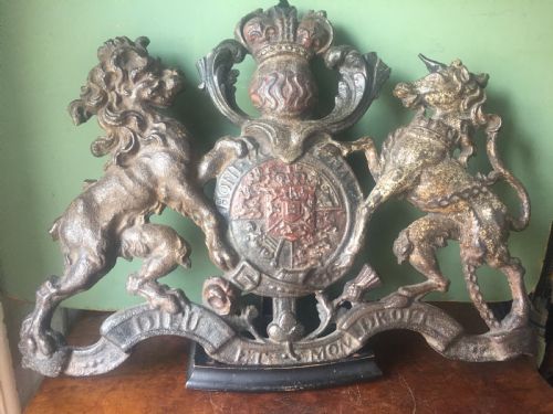 Mid C19th British Cast-iron 'Coat of Arms' or Royal Cypher with Traces of Original Polychrome Painted Decoration.