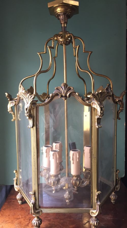 LATE C19TH FRENCH GILDED BRASS ROCOCO STYLE HEXAGONAL HANGING HALL LANTERN OF C18TH REGENCE PERIOD DESIGN - ADDITIONAL PHOTO 1