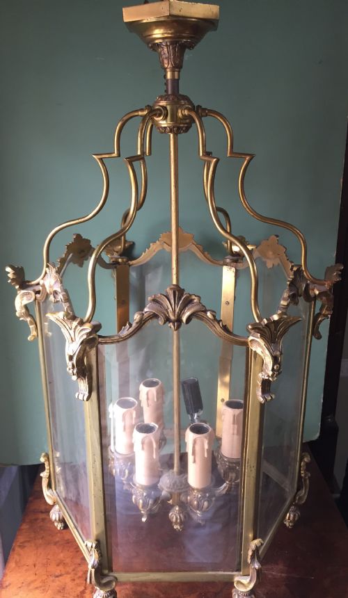 LATE C19TH FRENCH GILDED BRASS ROCOCO STYLE HEXAGONAL HANGING HALL LANTERN OF C18TH REGENCE PERIOD DESIGN - ADDITIONAL PHOTO 2