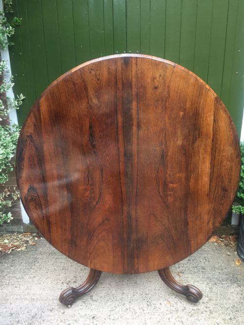 fig 2. Mid C19th Victorian period figured rosewood circular centre or breakfast table on cabriole support base.