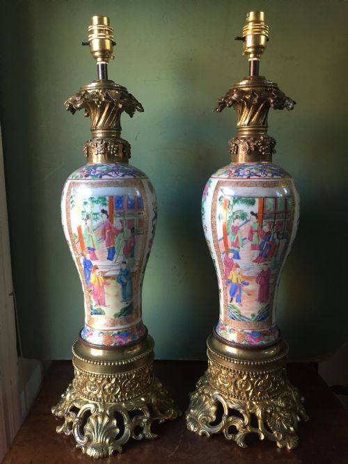 Pair of Larger-scale Mid C19th Chinese Ormolu-mounted Cantonese Porcelain Lamps.
