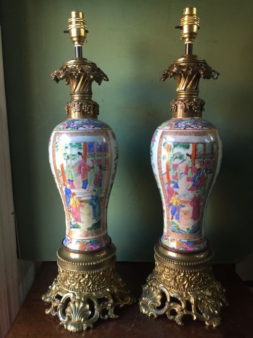 fig 1. Pair of larger-scale mid C19th Chinese ormolu-mounted Cantonese porcelain lamps.