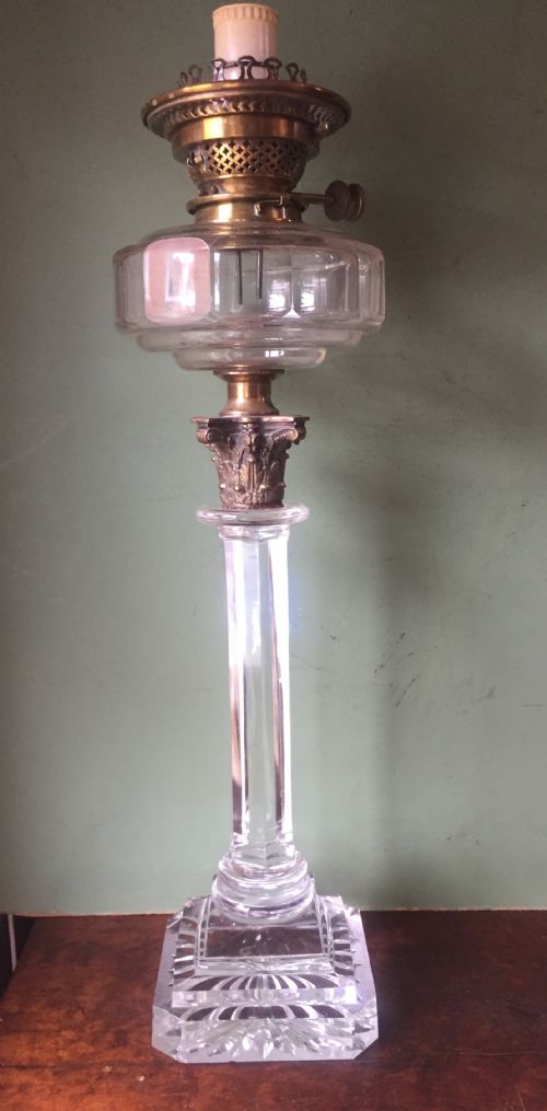 Late C19th Cut-glass Column Oil
lamp by "Hinks" with Corinthian Capital Cast Brass Top , Now Converted to Electricity.