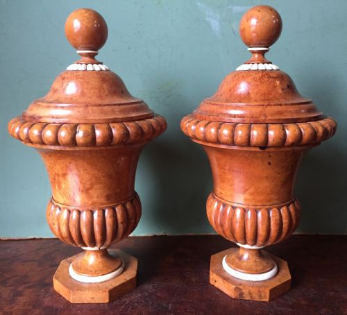 Pair of Mid C19th Ivory Mounted Burr Fruit-wood Lidded Urns of Classical Campana Design