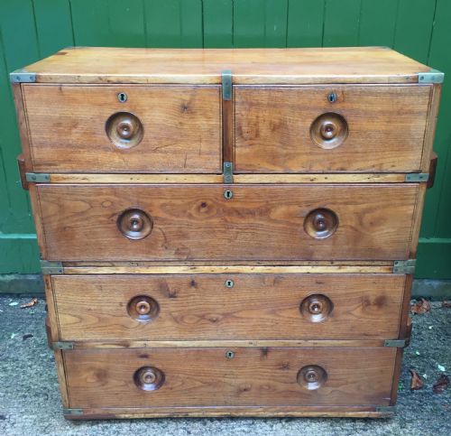 C19th Naval Officer's  Brass-bound Teak 2-Part Campaign Chest of Drawers .