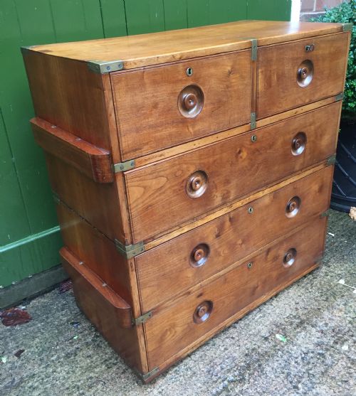 fig 1. C19th Naval Officer's brass-bound teak 2-part campaign chest of drawers .