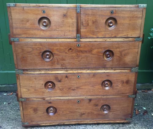 fig 2. C19th Naval Officer's brass-bound teak 2-part campaign chest of drawers .