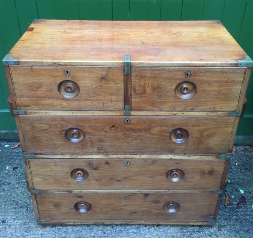 fig 3. C19th Naval Officer's brass-bound teak 2-part campaign chest of drawers .