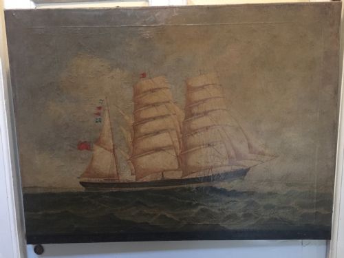 fig 2. C19th signed marine oil painting on canvas study of a merchant or trading ship in full sail with interesting inscription.